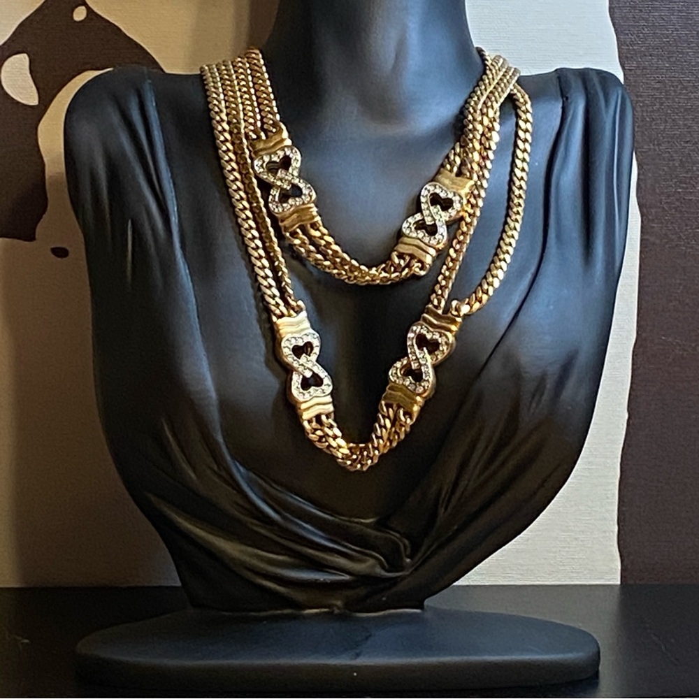 Vintage Park Lane Gold Tone Double Heart Clear Rhinestone Double Strand Necklace